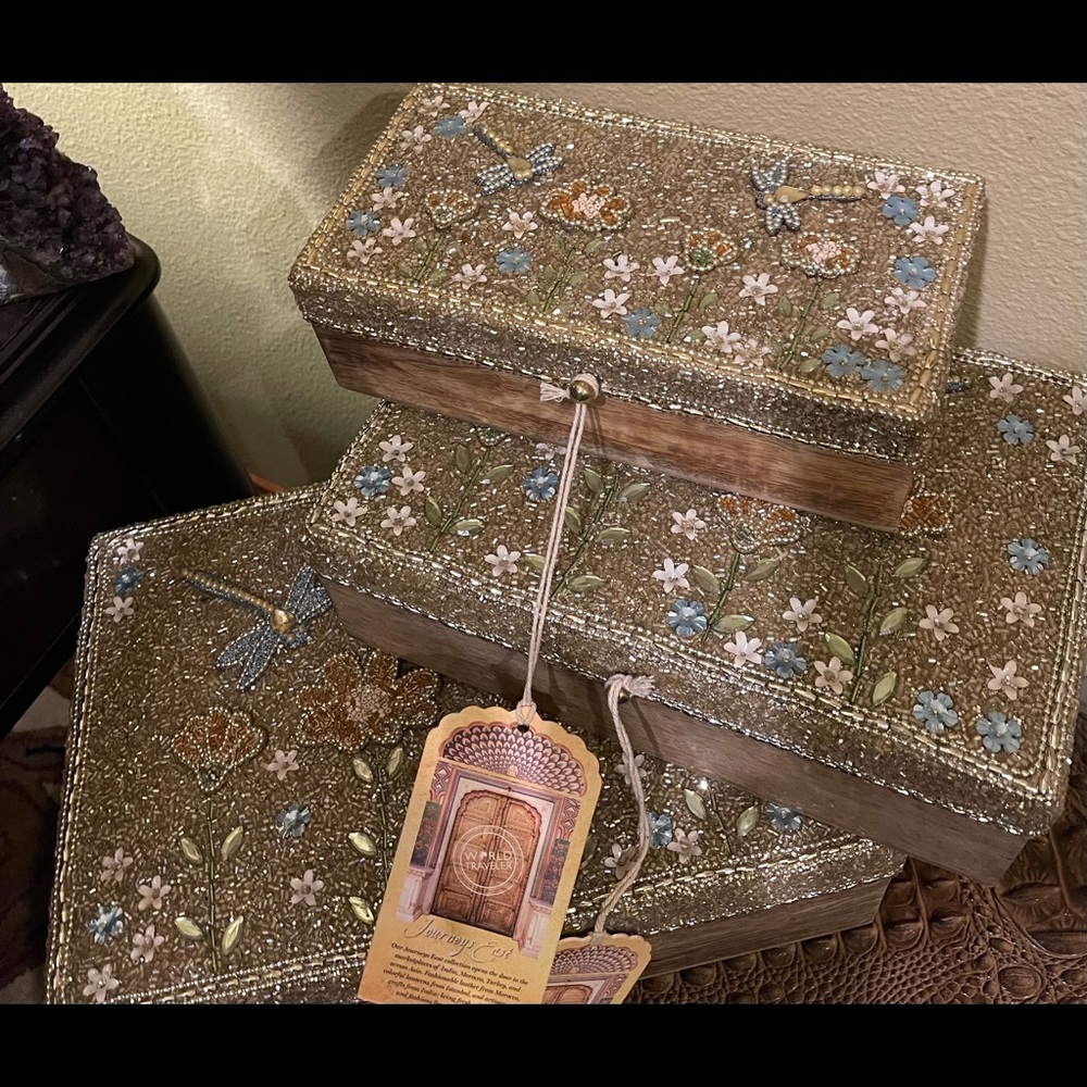 Brown Wood Beaded Boxes / Jewelry / Storage/ Set of 3